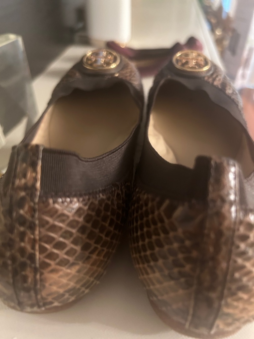 Tory Burch Brown Snake-Embossed Logo Round-Toe Flats - Picture 4 of 11